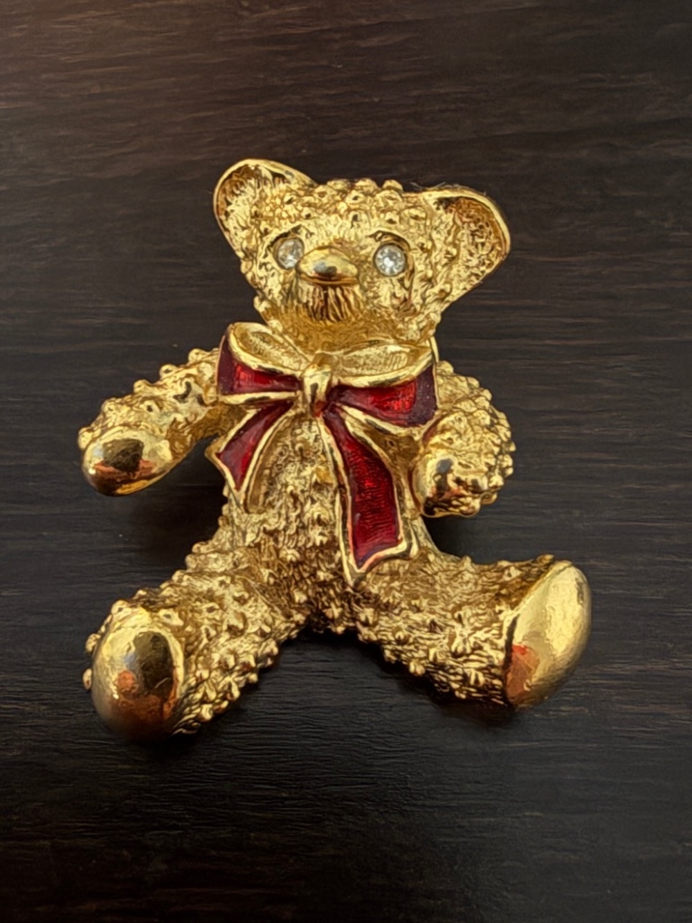 Vintage Teddy Bear Brooch Pin Gold Tone Holiday Red Bow